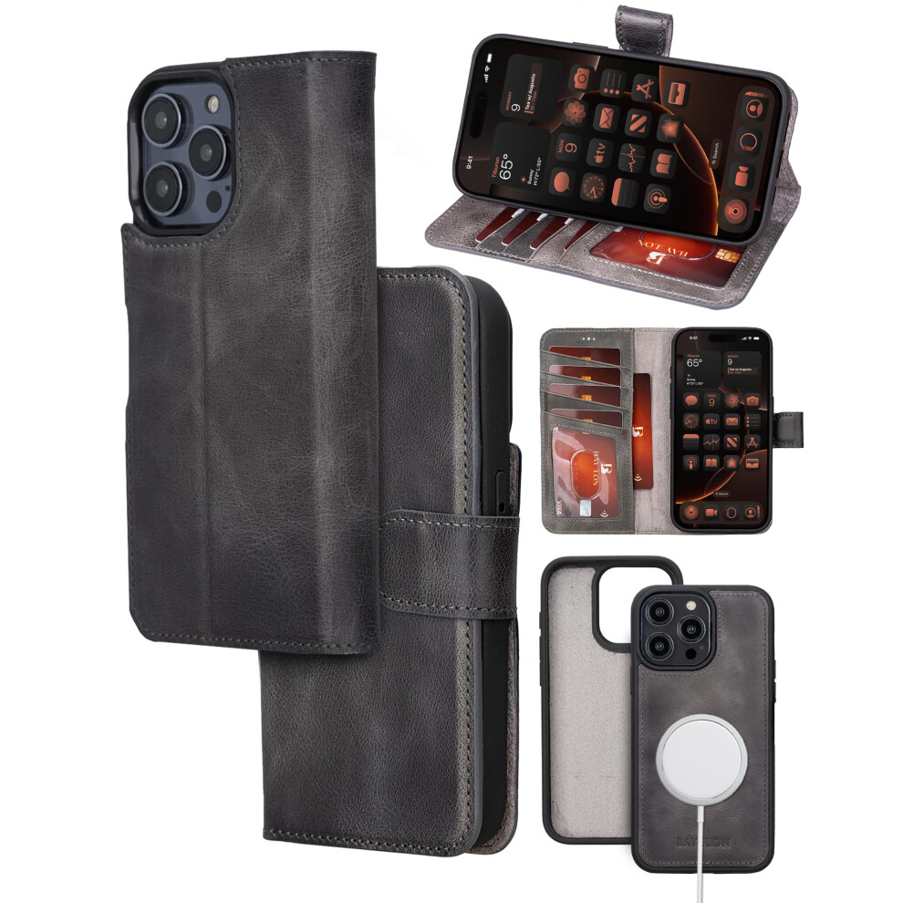 Bayelon Wallet Case For Iphone 16 Pro Max 6.9"""" Full Leather Wallet Case Detachable Magnetic Flip Cover Card Holder Magsafe Compatible Grain 8691051968351