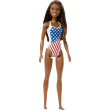 Barbie Doll with Beach Th   me dans American Flag Stars and Stripes Swimsuit Brunette