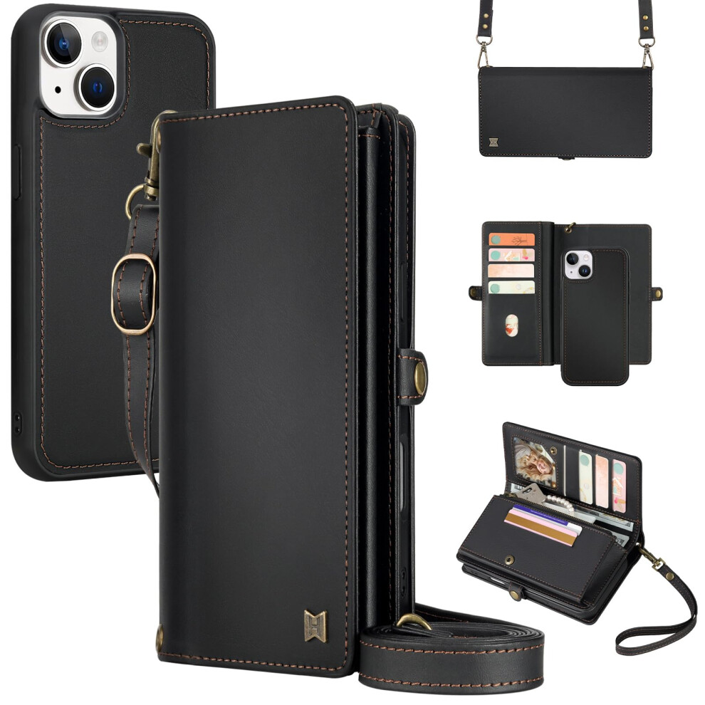 Megshi For Wallet Case Compatible With Iphone 13 Multi-Function Detachable 2 In 1 Magnetic Iphone 13 Case Wallet Flip Strap Zipper Card Holder Ph 717298042826