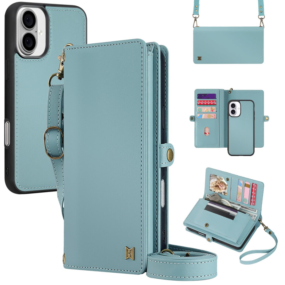 Megshi For Wallet Case Compatible With Iphone 16 Multi-Function Detachable 2 In 1 Magnetic Iphone 16 Case Wallet Flip Strap Zipper Card Holder Ph 717298042222