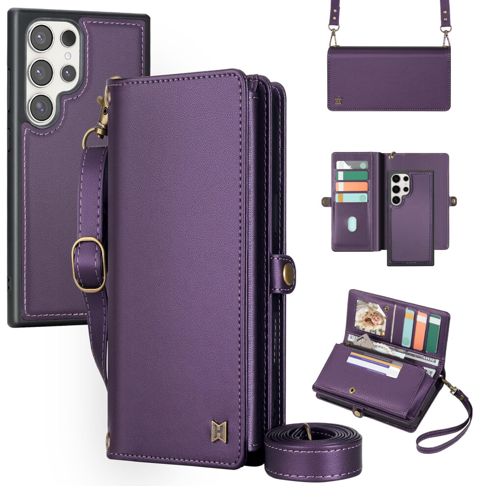 Megshi For Wallet Case Compatible With Samsumg Galaxy S24 Ultra Multi-Function Detachable 2 In 1 Magnetic Phone Case Wallet Flip Strap Zipper Car 717298043151