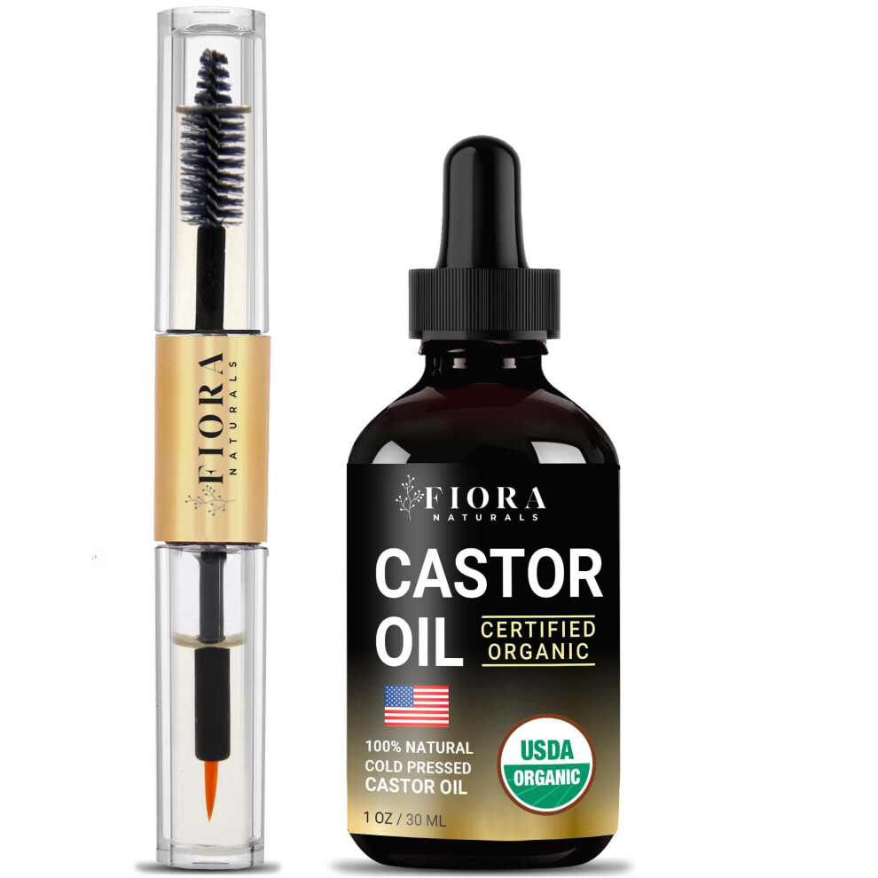 Fiora Naturals Organic Castor Oil For Eyelashes Eyebrows Hair & Face - Cold Pressed Hexane Free 100% Pure Aceite De Ricino Organico Lash & Brow Serum With Re