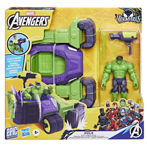 Marvel AVENGERS Marvel VenomVersus Epic World of Action Hulk Blast & Smash Truck Figura e conjunto de veculos brinquedos de super-heris de 4 polegadas 1