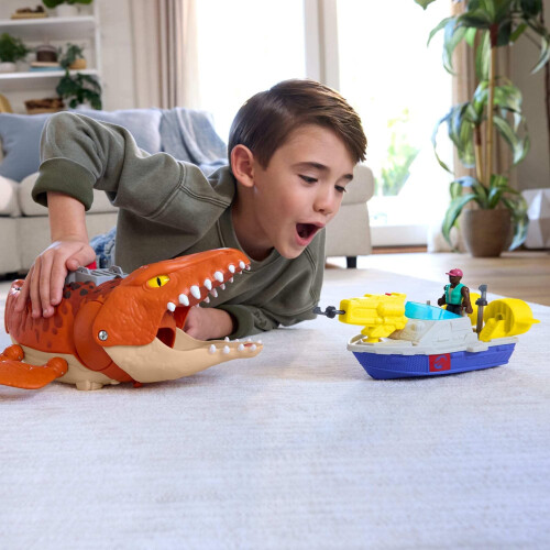 Fisher-Price Imaginext Jurassic World Rebirth Aquachomp Chase Mosasaurus Brinquedo de dinossauro de 18 polegadas com barco lanador de bonecos de 1