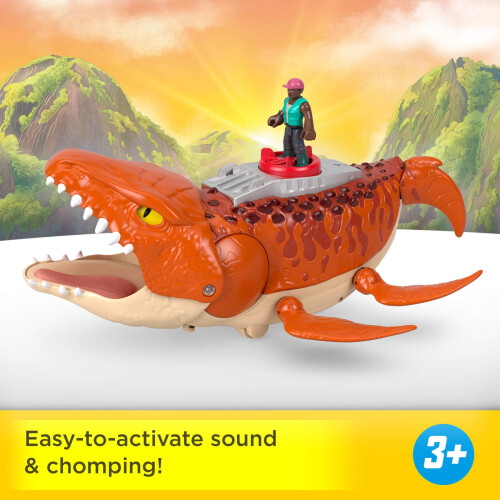Fisher-Price Imaginext Jurassic World Rebirth Aquachomp Chase Mosasaurus Brinquedo de dinossauro de 18 polegadas com barco lanador de bonecos de 2