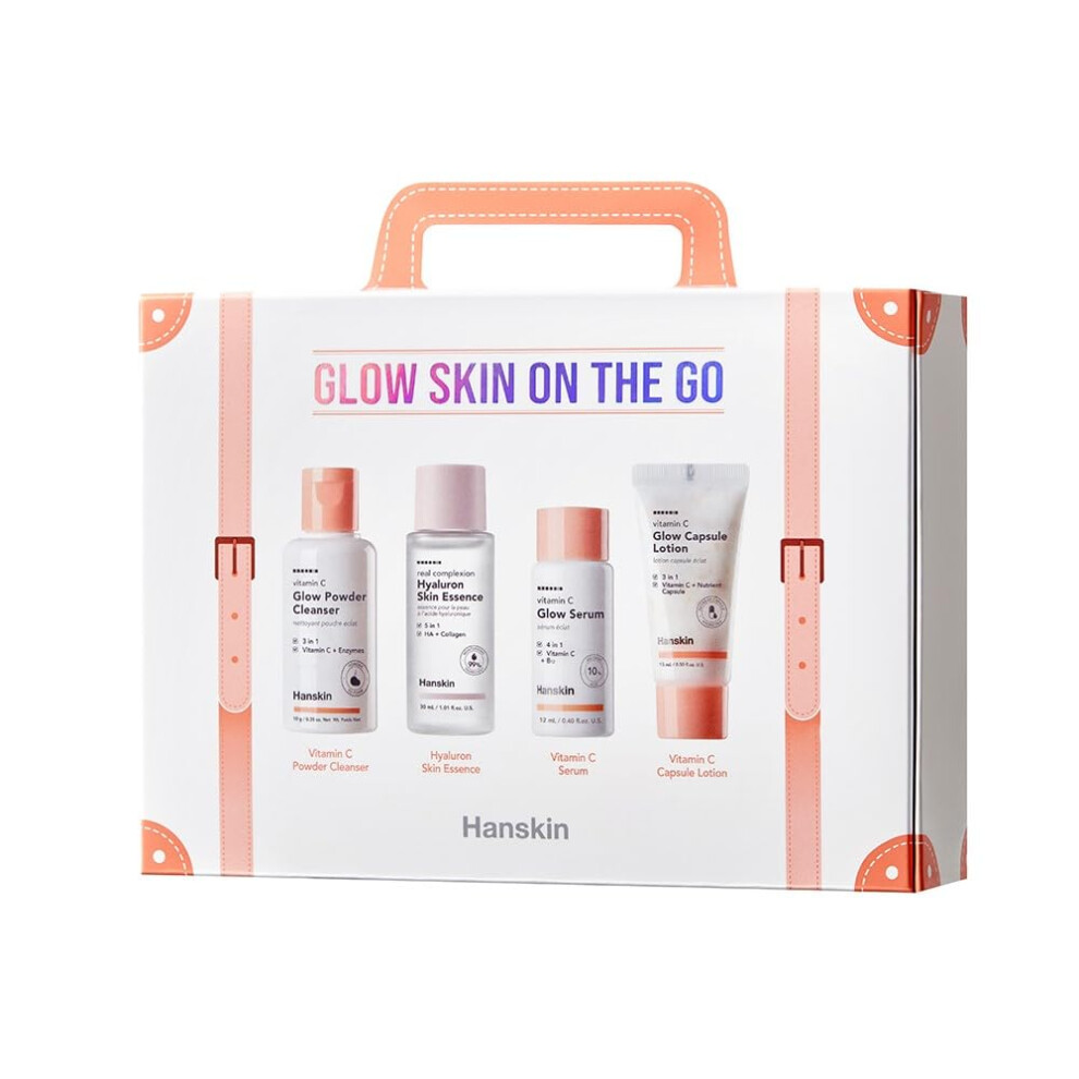 Hanskin Glow Skin On The Go Kit- Brightening & Hydrating Travel Kit With Cleanser Essence Serum & Lotion - Korean Skincare For Glowing Radiant