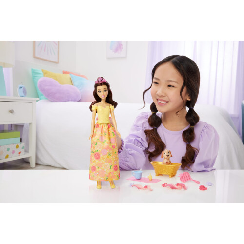 Mattel Κούκλα Mattel Disney Princess Belle με Σκύλο, Μαγικό Μπάνιο & Αξεσουάρ Μαλλιών 1