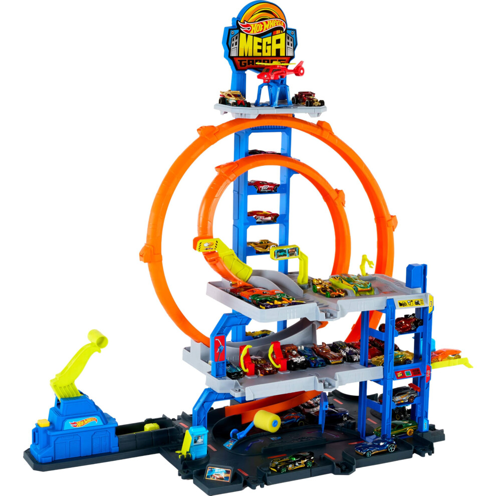 Roues Chaudes Hot Wheels Toy Car Track Set With Die-Cast Car & Helicopter 2 Loops Storage For 37 1:64 Scale Vehicles Speed Snap Adapters Mega Loop Garage