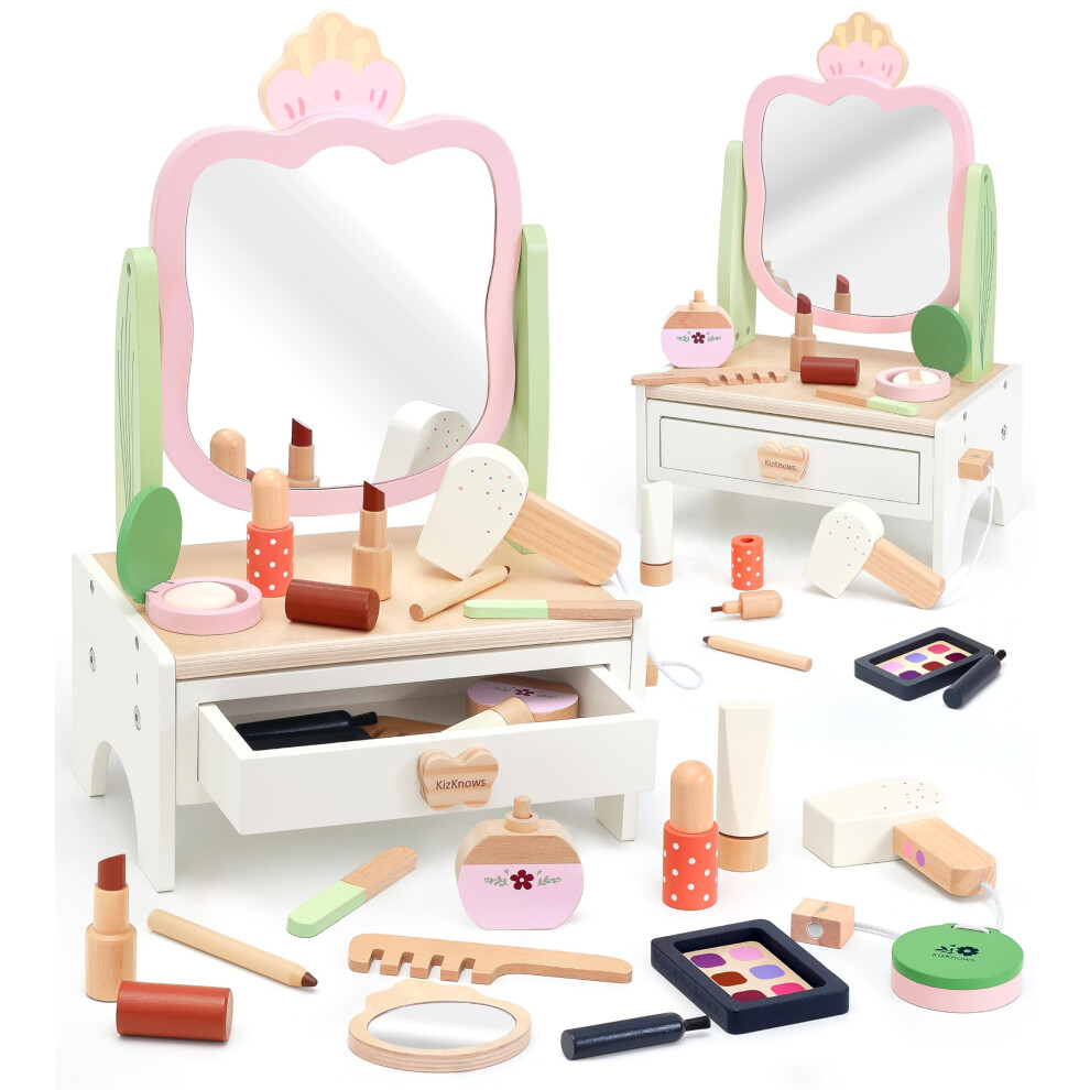 Kizknows en bois Ensemble pour les enfants Play Play Play Makeup Toy Ensemble avec Rotation Mirror Toddler Beauty Beauty Salon Play Set avec maqu