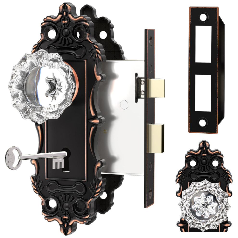 Ceymio Bronze Antique Door Knobs Interior Mortise Lock Oil Rubbed Door Knob Crystal Glass Door Handle Vintage Skeleton Key Door Locks For Bedroom
