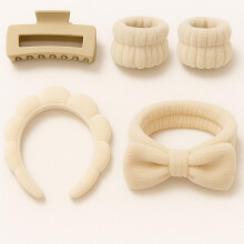5 Pc Spa Set Facial Spa Headbands and Wristband Set for Makeup Skincare Face Washing 2 Headbands 2 Wrist Bands and 1 Hair Clip (Beige One Si