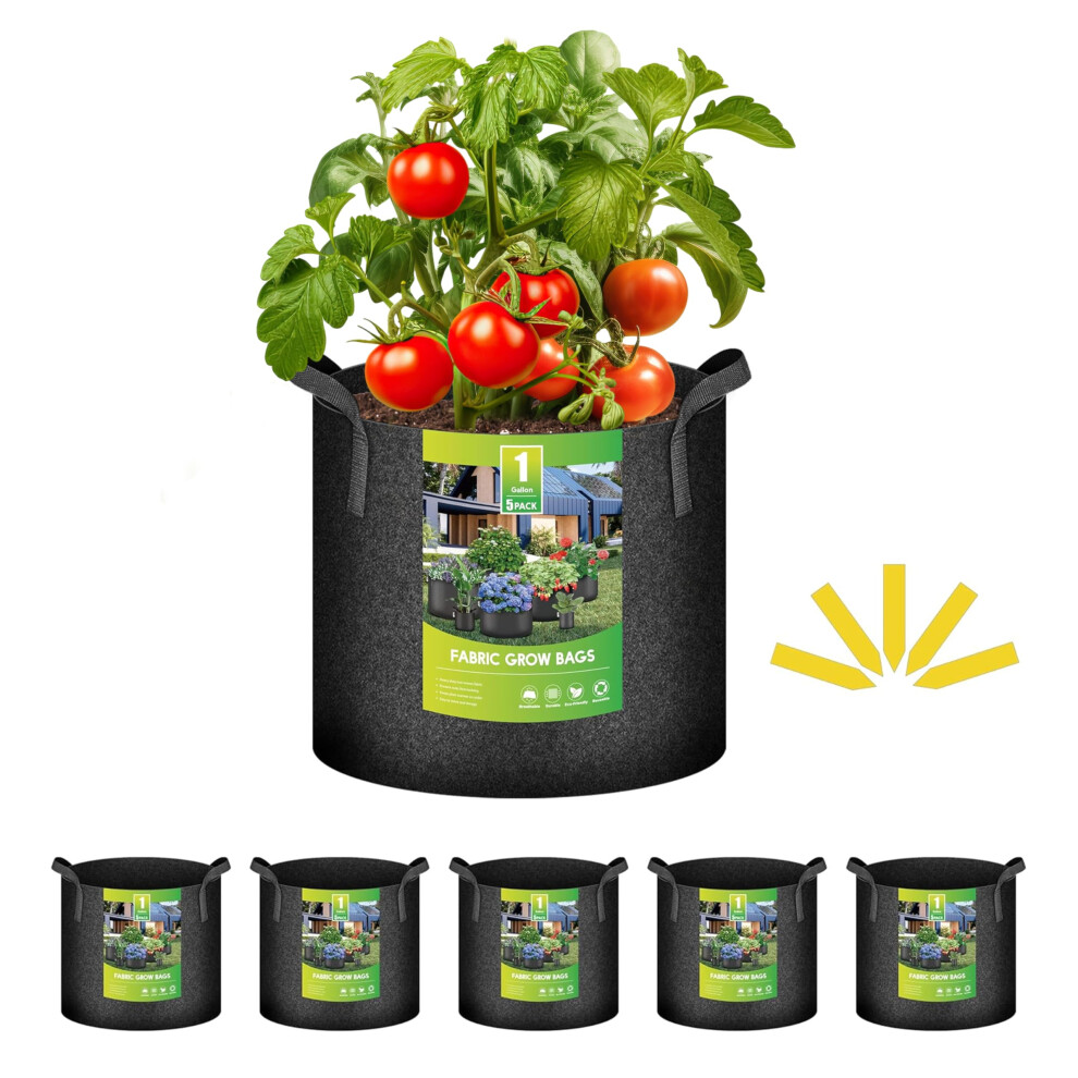 iPower 5-Pack 1 Gallon Grow Bags Heavy Duty Thickened Aeration Nonwoven Fabric Pots with Nylon Handles and 5 Labels for Planting Vegetables Frui