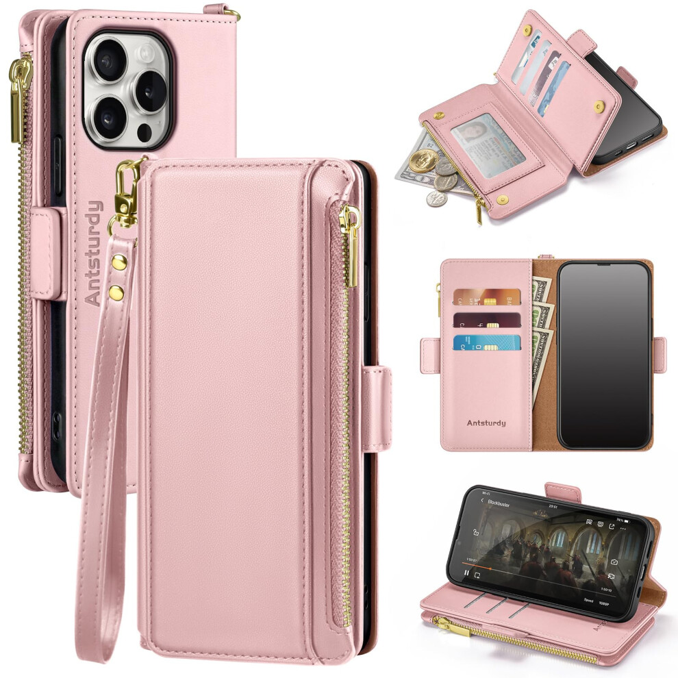 Antsturdy Compatible With Iphone 16 Pro Wallet Case Rfid Blocking Pu Leather Phone Case Women Men Kickstand Flip Cover Wrist Strap Zipper Credit 770642804310