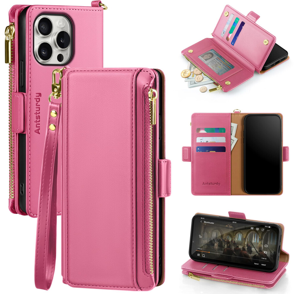 Antsturdy Compatible With Iphone 16 Pro Wallet Case Rfid Blocking Pu Leather Phone Case Women Men Kickstand Flip Cover Wrist Strap Zipper Credit 770642804228