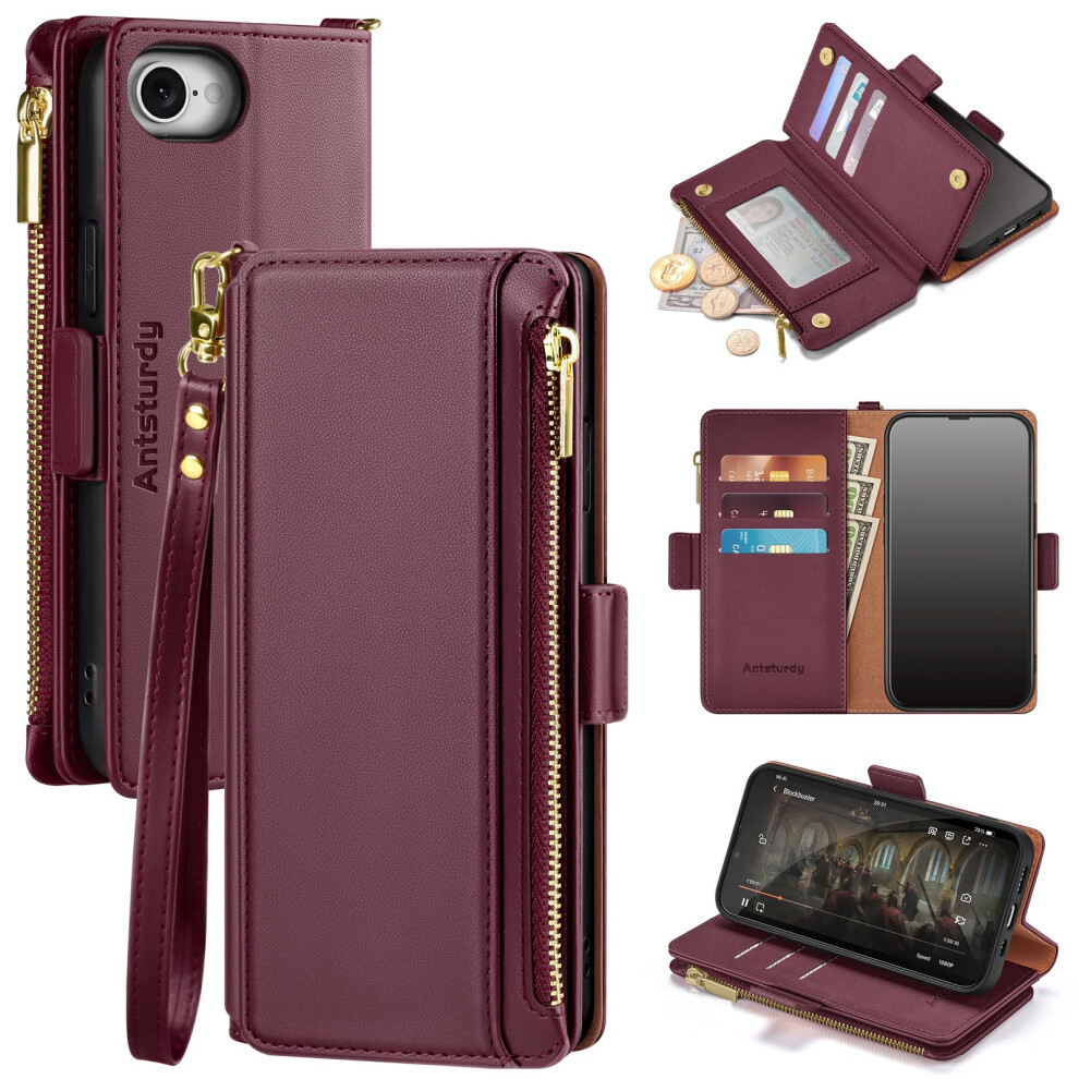 Antsturdy Compatible With Iphone 16E Wallet Case Rfid Blocking Pu Leather Phone Case Women Men Kickstand Flip Cover Wrist Strap Zipper Credit Car 770642804556