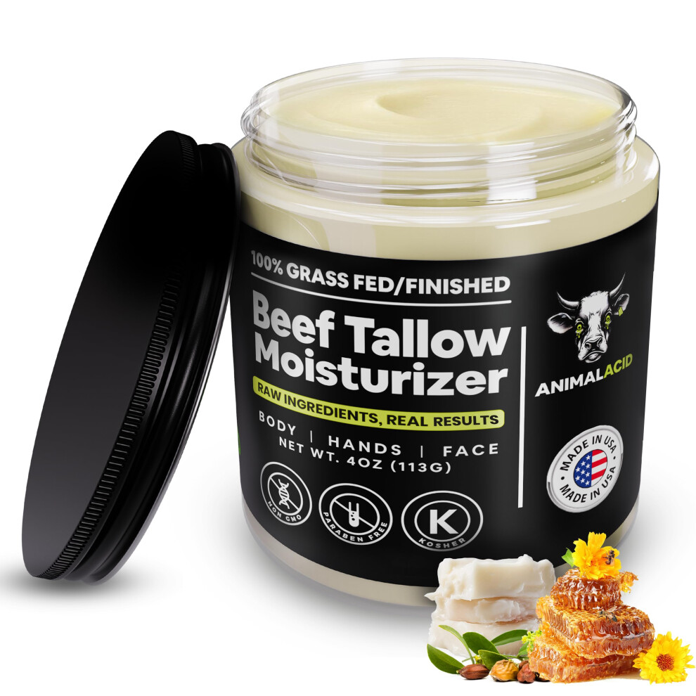 Animal Acid Beef Tallow For Face Skin & Body - 4 Fl Oz Handmade Tallow Face Moisturizer With Organic Jojoba Oil Beeswax & Honey - 100% Grass Fed Beef Tallo