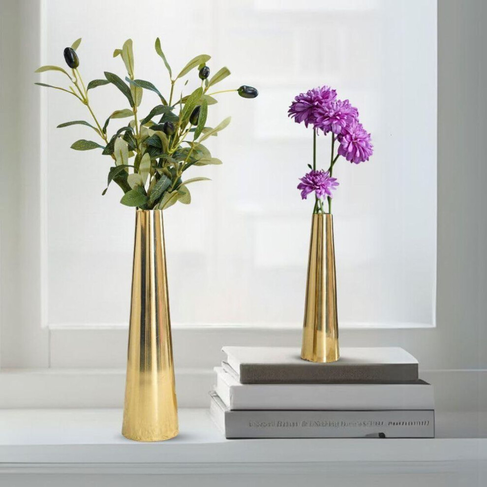 Golden Metal Slim Cone, 8" & 10.6" Flower Vase For Home Decor Bedroom Living Room Office Wedding Table Decorative Item