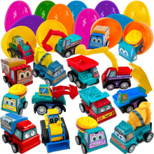 Stargo 8er-Pack bunte, vorgefllte Ostereier mit Spielzeug Baumaschinen, Fahrzeuge, Rckziehautos, leuchtende Ostereier aus Kunststoff, gefllte Ko