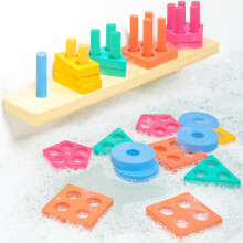 Tub Works Splash Stack & Sort Shape Sorter & Stacking Toddler Bath Toy | 20 Foam Pieces | Color Sorting & Shape Stacking Kids Bath Toys | Floats