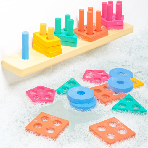 Banh Works Splash Stack & Sort Shape Sorter & Stacking Brinquedo de banho para crianas | 20 peas de espuma | Classificao de cores e empilhame