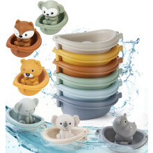 Auvitaya Baby Bath Toy Stackable Infant Bathtub Toys Stacking Floating Boat Train with Animal Finger Puppets Bath Toy Silicone Hand Puppet Educat