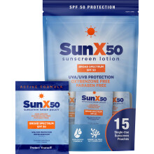 CoreTex Sun X 50 SPF Broad Spectrum Sunscreen Packets with Resealable Travel Bag - Pack of 15 Paraben Oxybenzone Octinoxate & Oil Free Sunscre