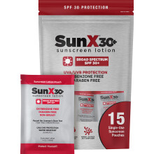 CoreTex Sun X 30+ SPF Broad Spectrum Sunscreen Packets with Resealable Travel Bag - Pack of 15 Paraben Oxybenzone Octinoxate & Oil Free Sunscr
