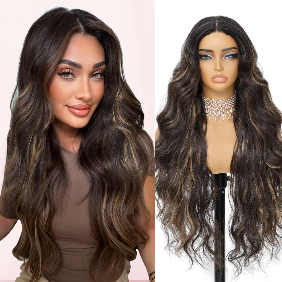 Xchjh Unisex Brown 30 Inch Highlight Synthetic Lace Front Wig Long Body Wave Synthetic Wig 4X1 Pre Plucked Natural Hairline Glueless Wigs For Women Begi