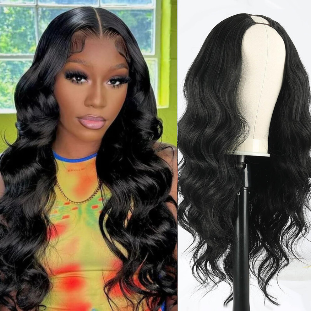 Mayouda Black V Part Wig Body Wavy Wig Upgrade U Part Synthetic Wigs For Black Women Full Head Clip In Hair Glueless 24Inch Hair Replacement Synt