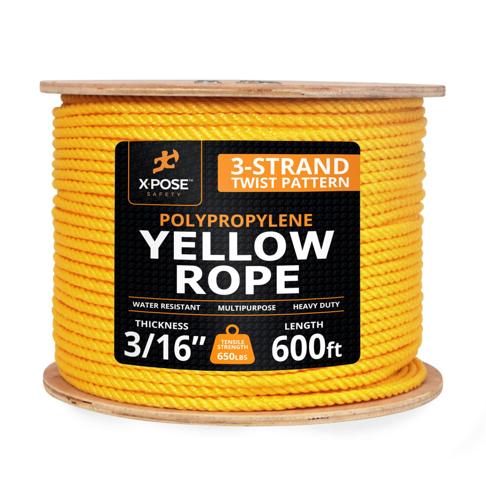 Yellow Twisted Polypropylene Rope  3/16"""" Thickness x 600' Length Heavy Duty Poly Ropes for Outdoor and Marine Use  Yellow Rope for Visibility &-image-OPC-PHWW92T-NEW
