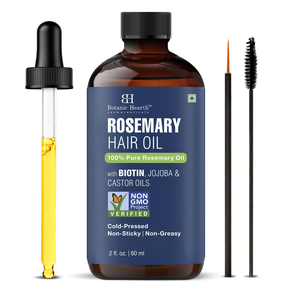 Botanic Hearth 100% Pure Rosemary Oil For Hair (2 Fl Oz) Infused With Biotin Jojoba & Castor Oil | Hair Strengthening Treatment | Nourishing & V