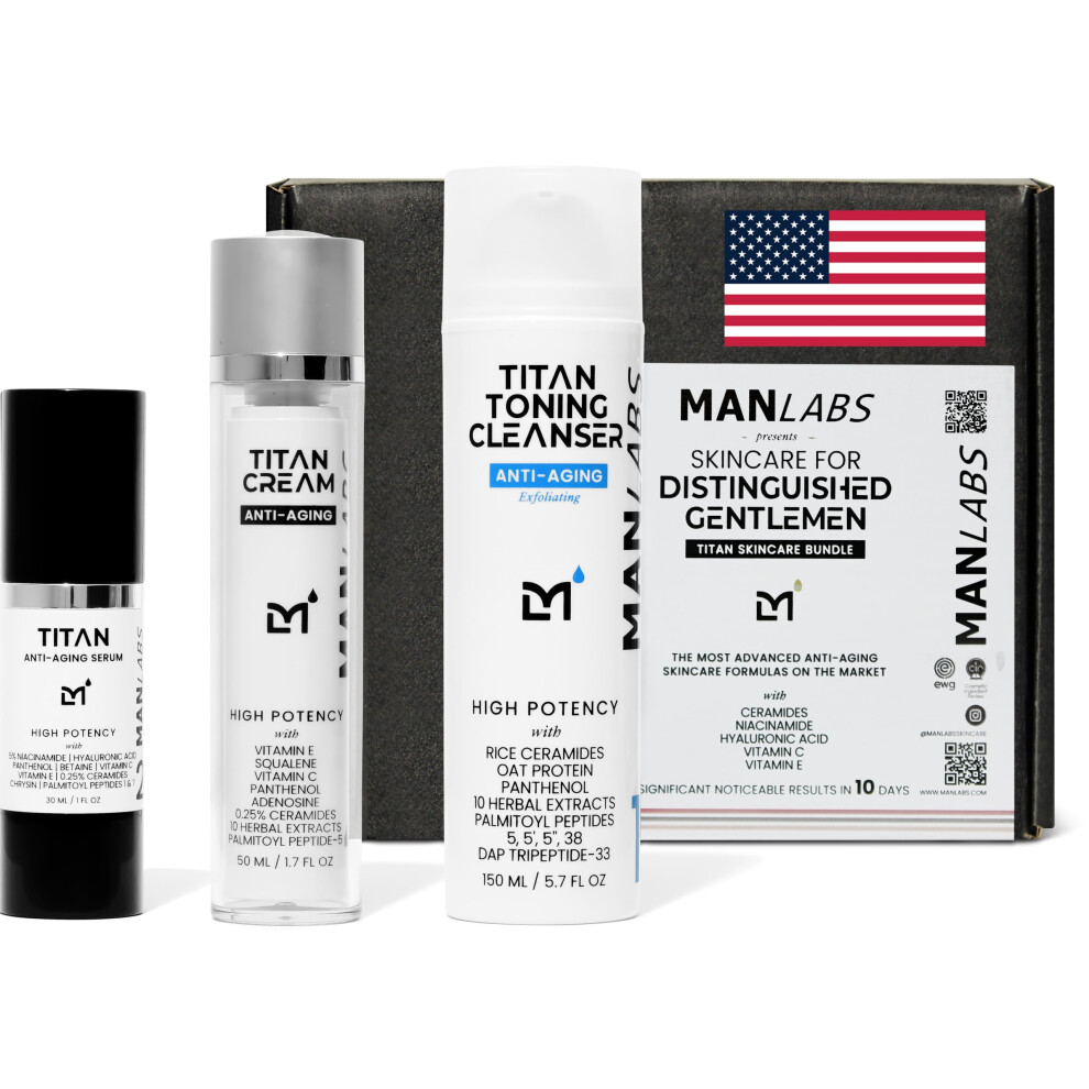 Man Labs Titan Men Skin Care Kit - Anti-Aging Mens Skincare Bundle with Toning Cleanser Face Serum and Facial Cream - Men's Hygiene Essentials