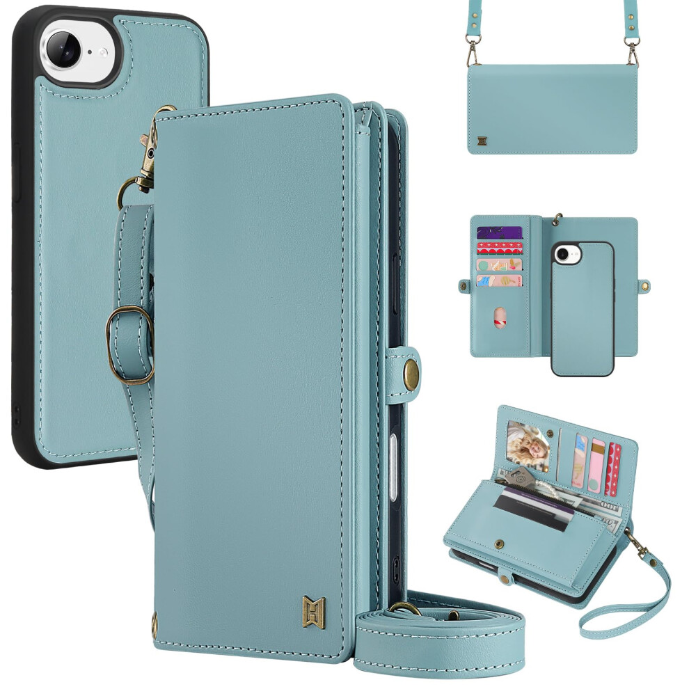 Megshi For Wallet Case Compatible With Iphone 16E Multi-Function Detachable 2 In 1 Magnetic Iphone 16E Case Wallet Flip Strap Zipper Card Holder 717298045469