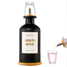 Glass Mouthwash Dispenser for Bathroom 11.8oz Mouthwash Holder with Stianless Steel Spouts Mouthwash Decanter with Bamboo Holder Refillable Cu