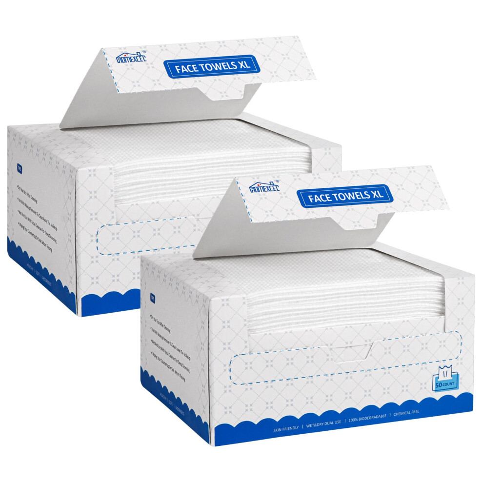 Homexcel Face Towels 100 Count (2 Box) Disposable Makeup Remover Wipes Super Soft Biodegradable Dry Facial Hand Clean Facial Towels Wash Cloth