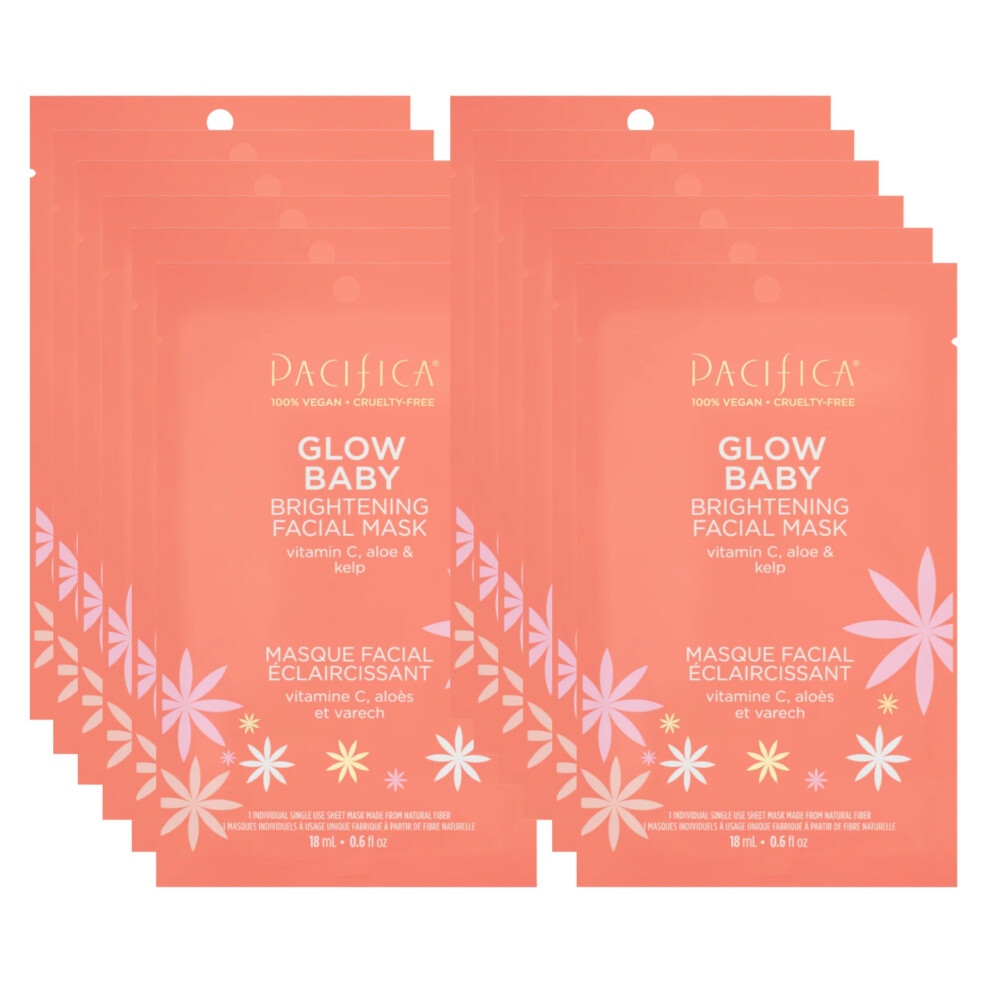 Pacifica Sheet Face Mask - 12 Pack - Glow Baby Brightening Facial Mask w/Vitamin C  Aloe & Kelp - Cooling Mask for Dark Spots & Fine Lines - Clea