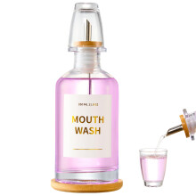 Glass Mouthwash Dispenser for Bathroom 11.8oz Mouthwash Holder with Stianless Steel Spouts Mouthwash Decanter with Bamboo Holder Refillable Cu