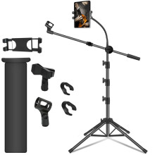 Mic Stand Microphone Stand Floor Boom Mic Stand with Tablet Phone Holder Height Adjustable Four-legged Stand Gooseneck Boom Arm with 2 Mic Clips