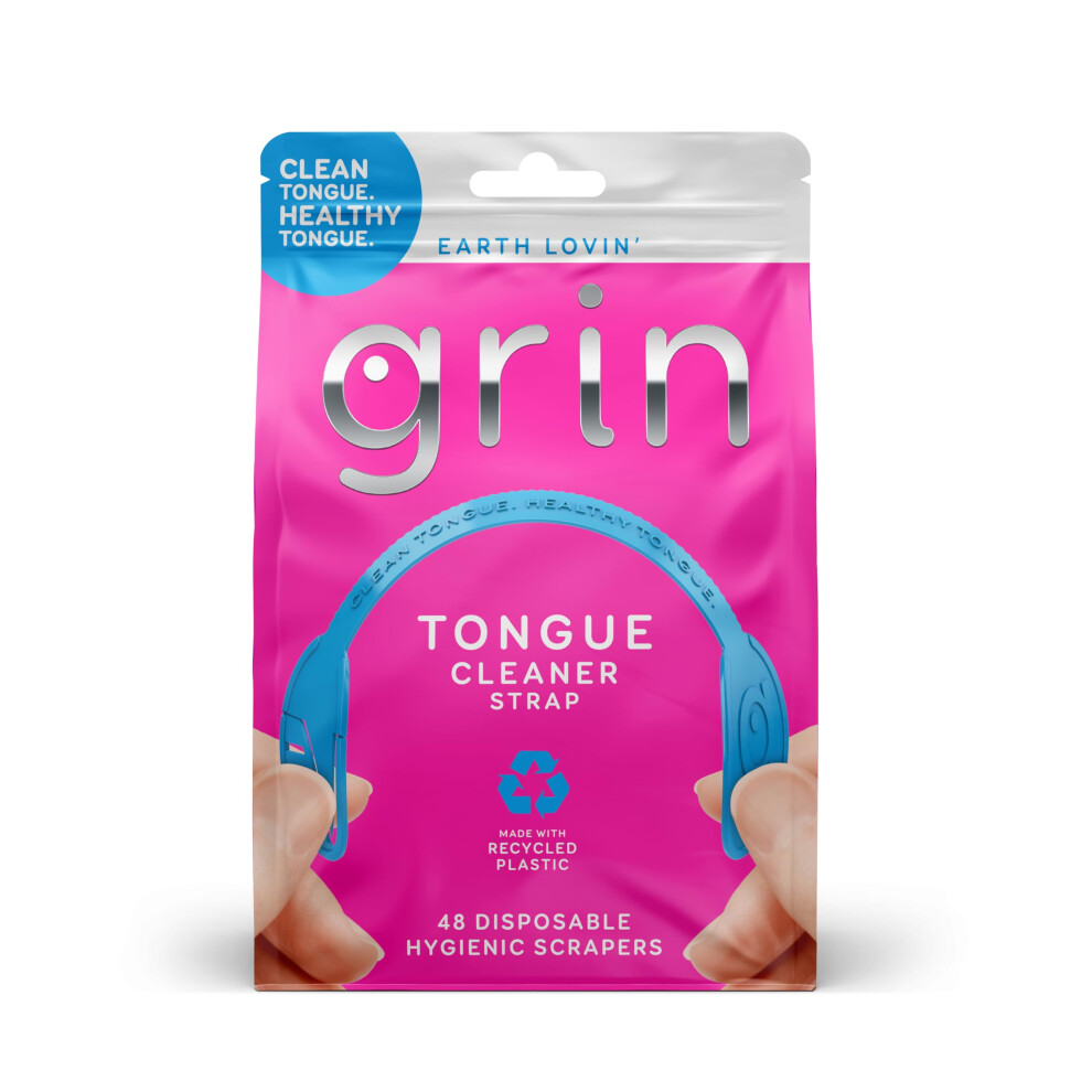 GRIN Tongue Cleaner Strap 48 Count Disposable Tongue Cleaner Hygienic Dual Edge Scraper Recycled Plastic Clean Tongue Healthy Tongue Promo