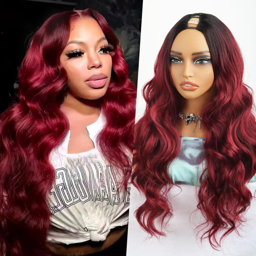 Mayouda Bug V Part Wig Long Body Wavy Wig Upgrade U Part Synthetic Hair For Black Women Burgundy 24Inch Curly Full Head Clip In Hair Glueless Nat