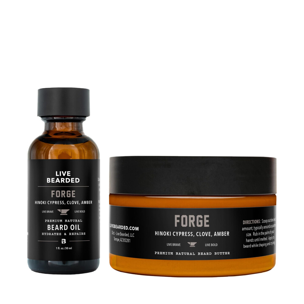 Live Bearded Beard Oil And Butter Grooming Kit - Made In The Usa - All-Natural Ingredients With Shea Argan Jojoba - Growth Support | Forge Scent - H