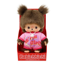 Sekiguchi 203857 Original Bebichhichi Girl Plush Toy with Pink Romper and Two Braids Approx. 14 cm Large Cuddly Toy Made of Brown Plush