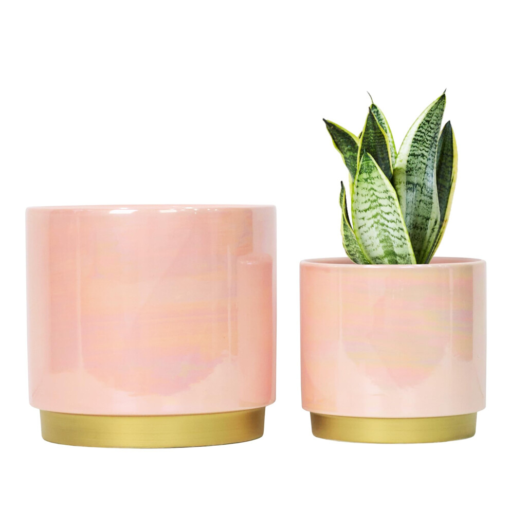 Gepege Pink Indoor Plant Pots for Plants Ceramic Planter with Drainage Hole 7.6 Inch +6 Inch 2pcs Succulent Orchid Flower Pot - Rainbow Pearl Glaze
