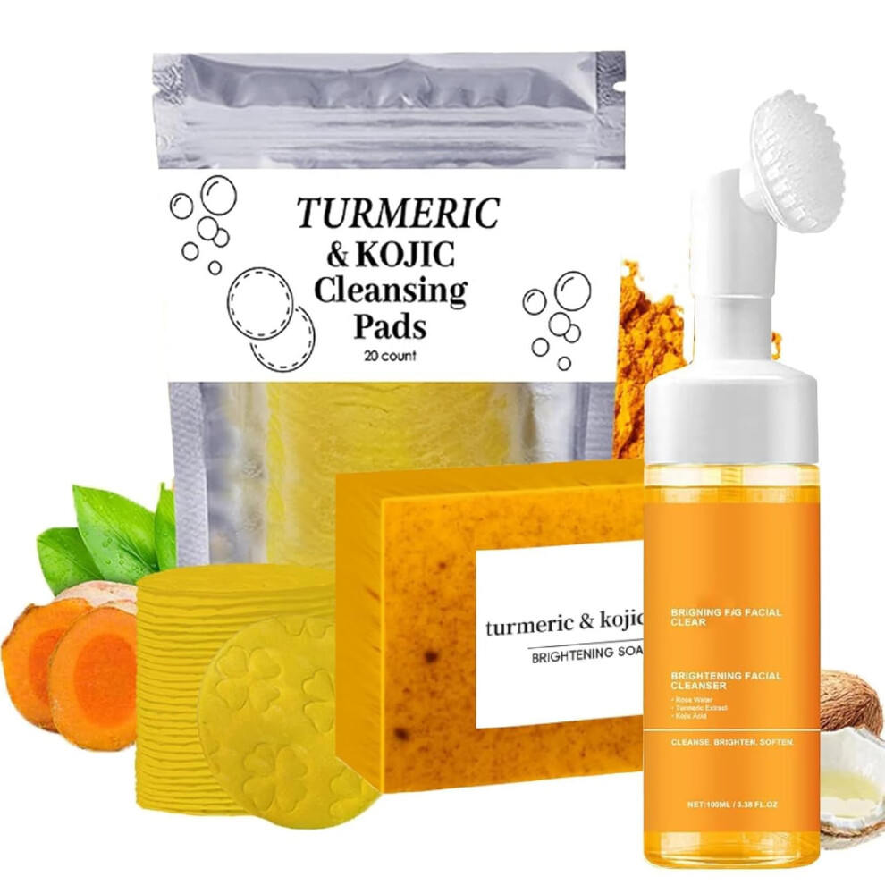 Turmeric Trio: Facial Wash Cleansing Mousse & Soap Turmeric Wash and Care Three Piece Set Turmerics Daily Skin Care Bundle Three Set for Face