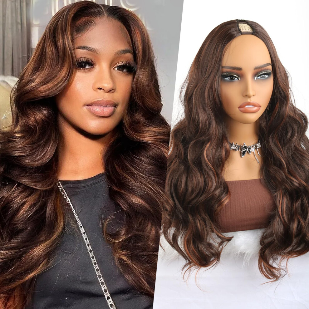 Mayouda V Part Wig Long Body Wavy Upgrade U Part Synthetic Hair For Black Women 24Inch Dark Brown Mixed Orange Head Clip In Hair Glueless Natural