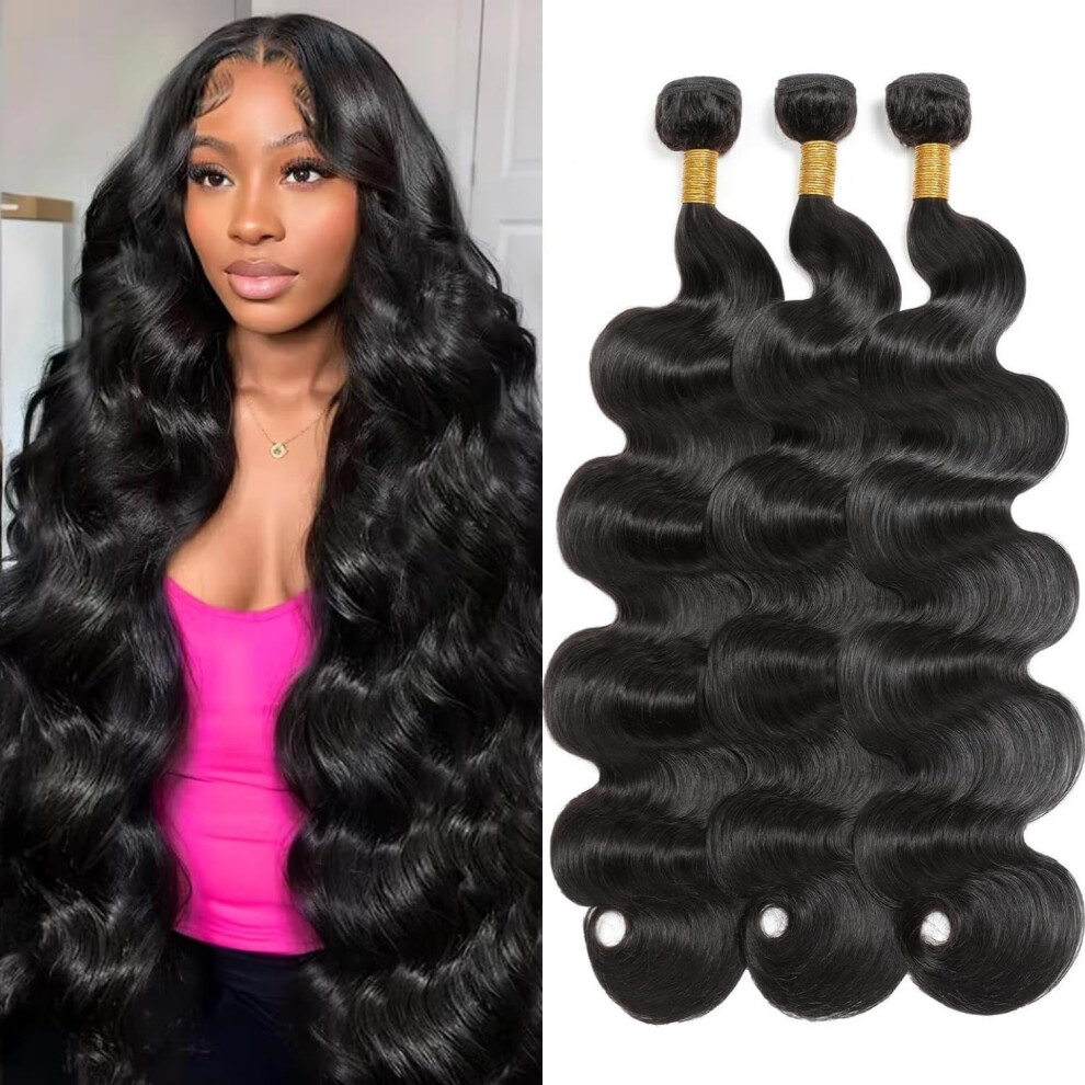 Amskdum 12A Human Hair Bundles 14 16 18 Inch Body Wave 3 Bundles Human Hair 100% Unprocessed Brazilian Virgin Hair Bundles Deals Quick Weave Hair Extensi