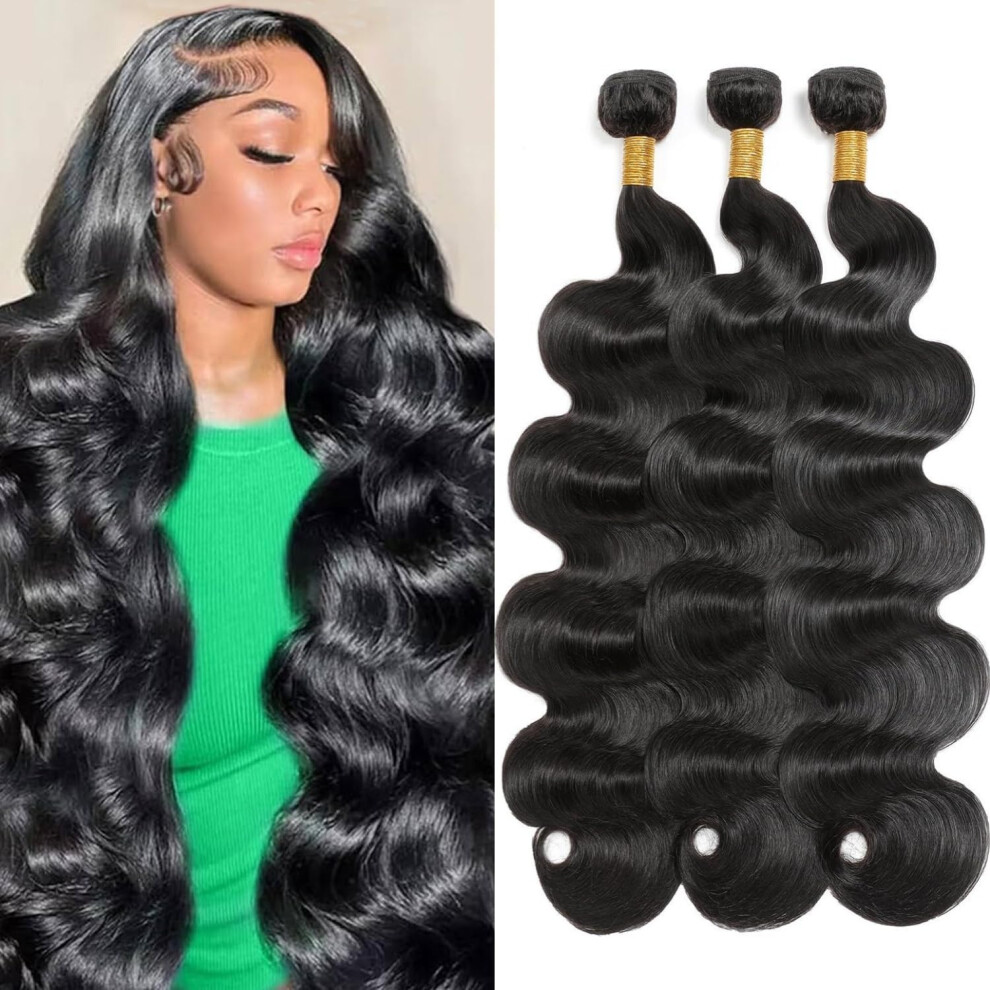 Amskdum 12A Human Hair Bundles 16 18 20 Inch Body Wave 3 Bundles Human Hair 100% Unprocessed Brazilian Virgin Hair Bundles Deals Quick Weave Hair Extensi