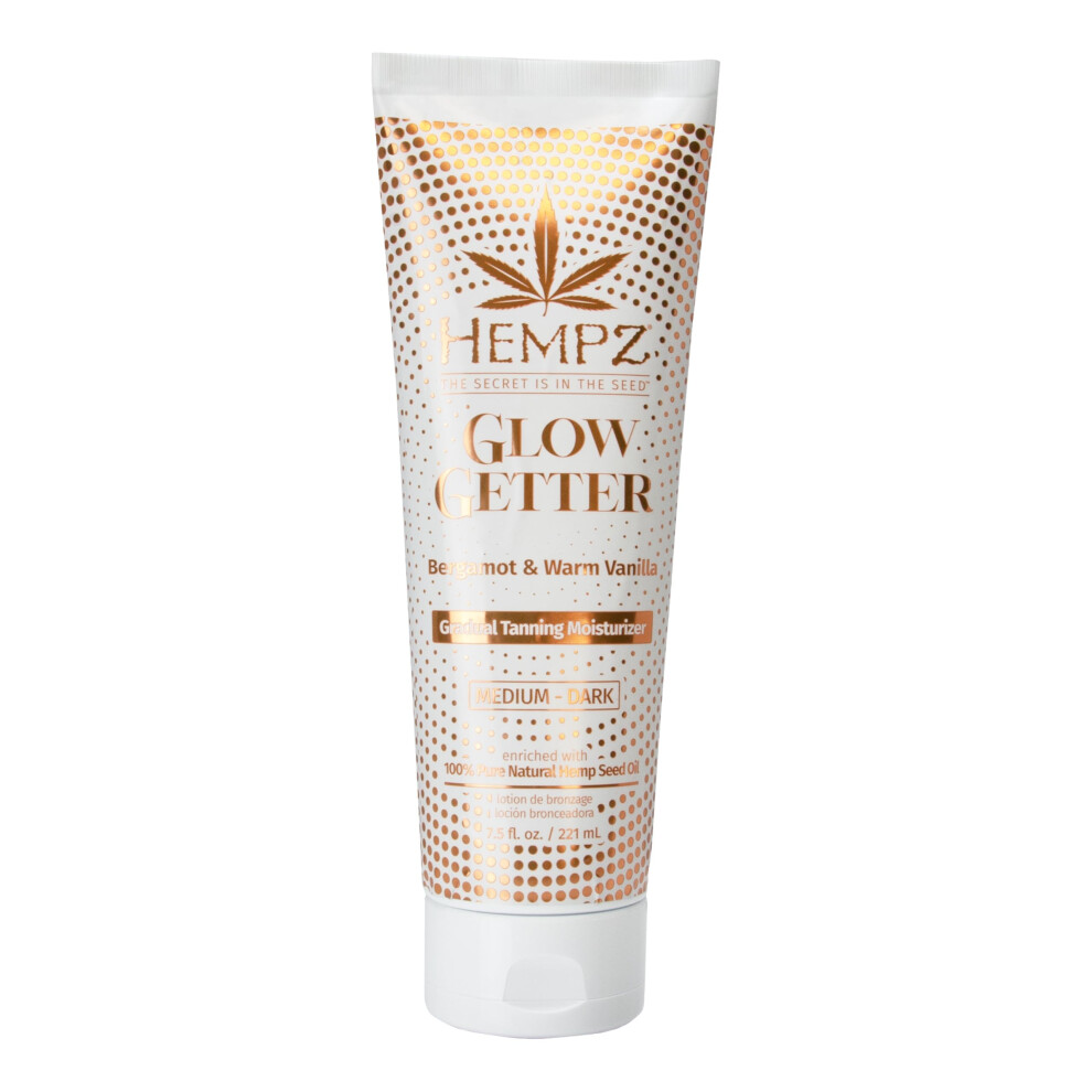 Hempz Glow Getter Gradual Self-Tanning Lotion - Medium to Dark 7.5 oz | Natural Golden Tan Summer Glow Vegan Hydrating Moisturizer for legs a
