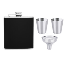 Stainless Steel Hip Flask Black Leather Funnel with Two Wine Cups Set for Birthday Gift(6oz)