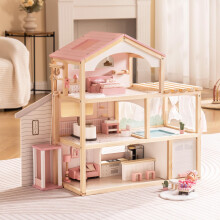 ROBUD Dockhus Trdockhus med 6 rum 29-st mbelset Arbetshiss Garage Pool Idealisk present fr barn frn 3 r och uppt (rosa)
